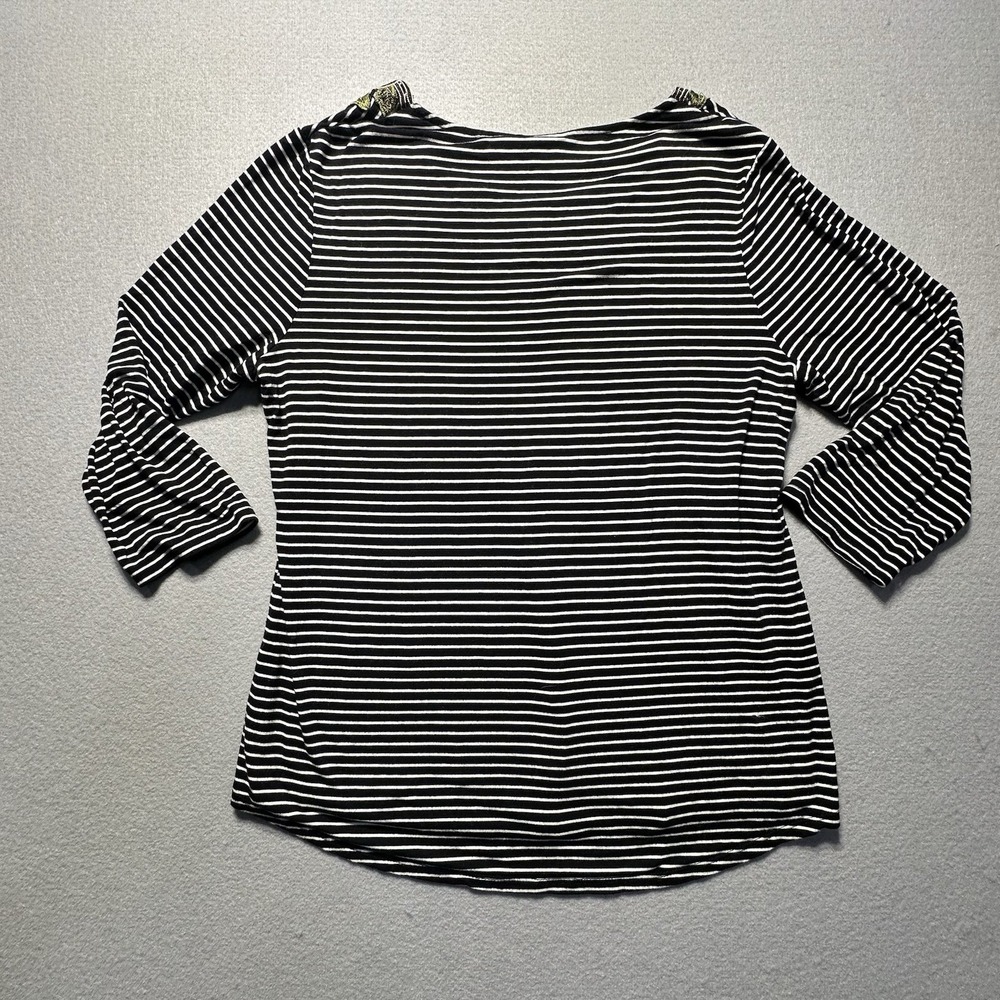 Chico's Top Shirt SIZE 1 Women Black Striped Floral Embroidery - Picture 4 of 5